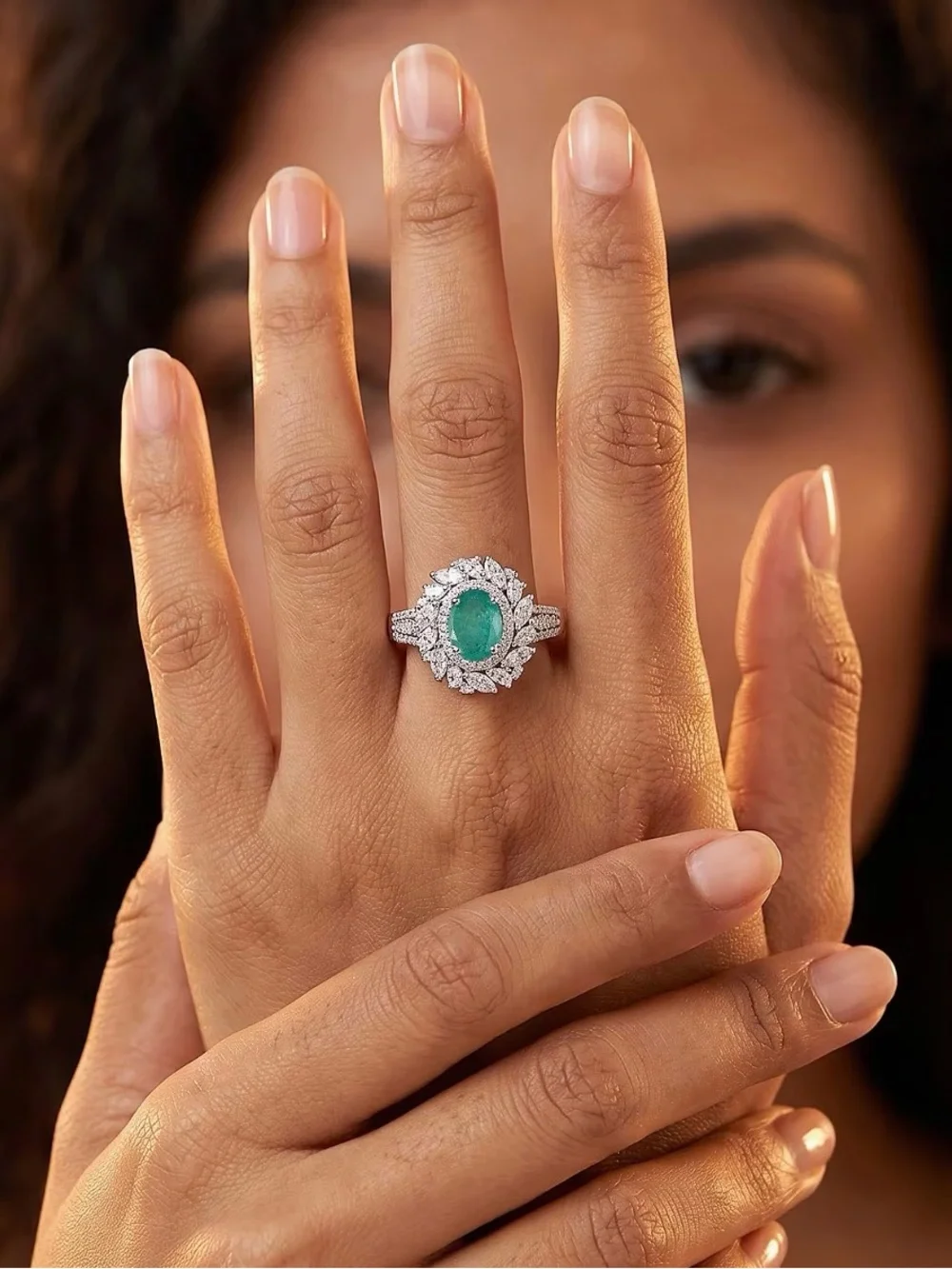 DJoy Womens Kagem Zambian Emerald/ Moissanite Floral Burst Halo Engagement Ring